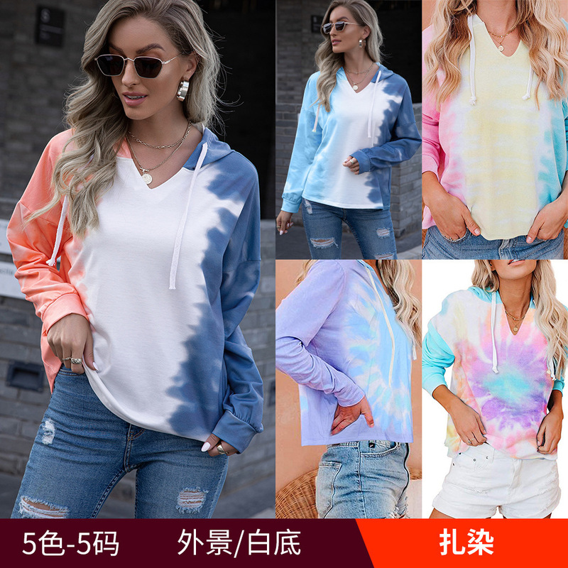 Amazon 2020 Autumn and Winter new European and American women's tie-dyed hooded sweater loose gradient color long-sleeved top