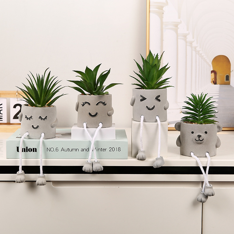 Creative Cute Green Plant Hanging Doll Simulation Succulent Potted Living Room Bedroom Desktop Cement Plant Flower Pot Ornaments