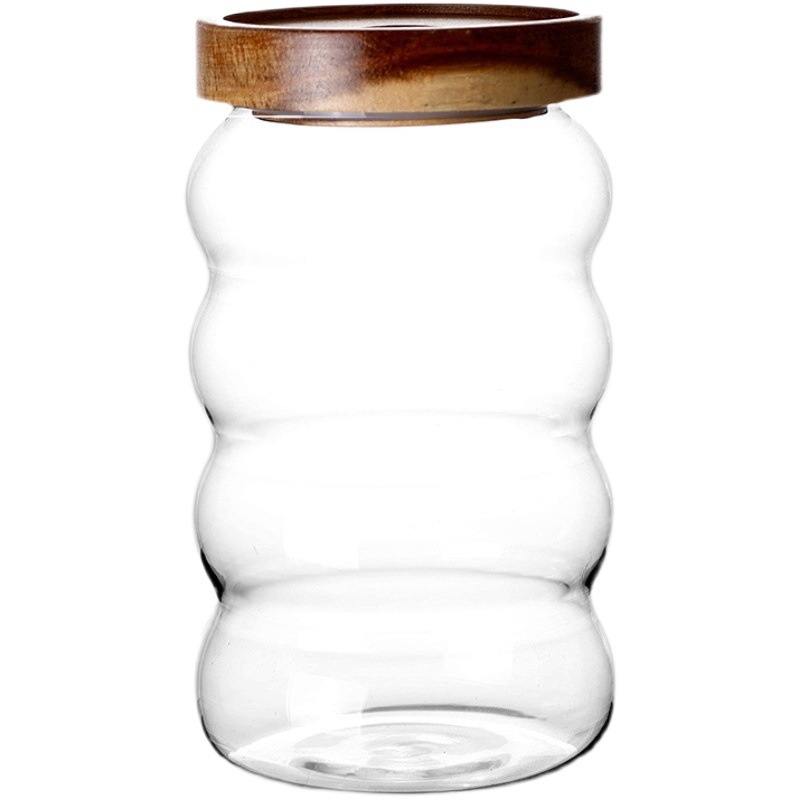 Fábrica al por mayor de madera de acacia cubierta de vidrio a rayas tarro de té hogar granos de frutas secas frascos de almacenamiento de granos de café