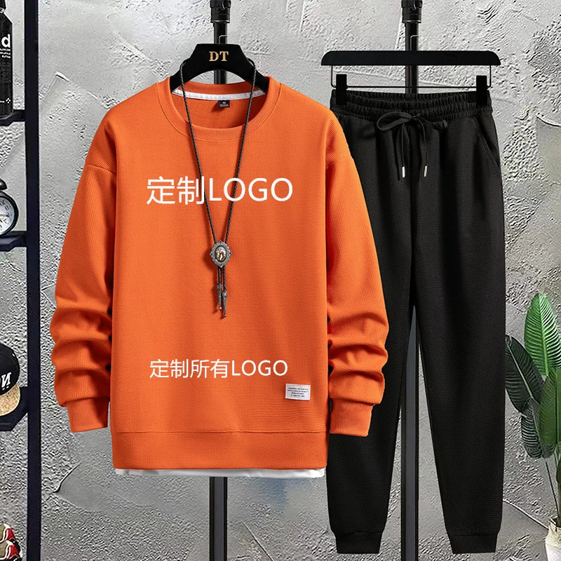 2023 осенние мужские круглые воротники новые вафли повседневные красивые спортивные брюки с длинными рукавами