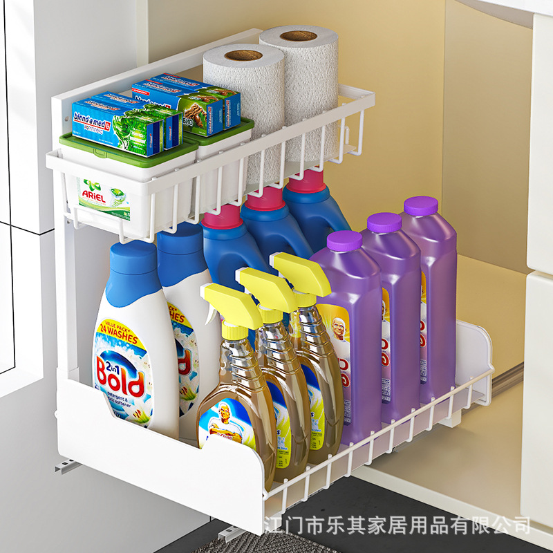 Cocina debajo del fregadero de almacenamiento de estantes tipo cesta de extracción de doble capa para botella de bocadillos condimento y estante de latas de gabinete estante de capas