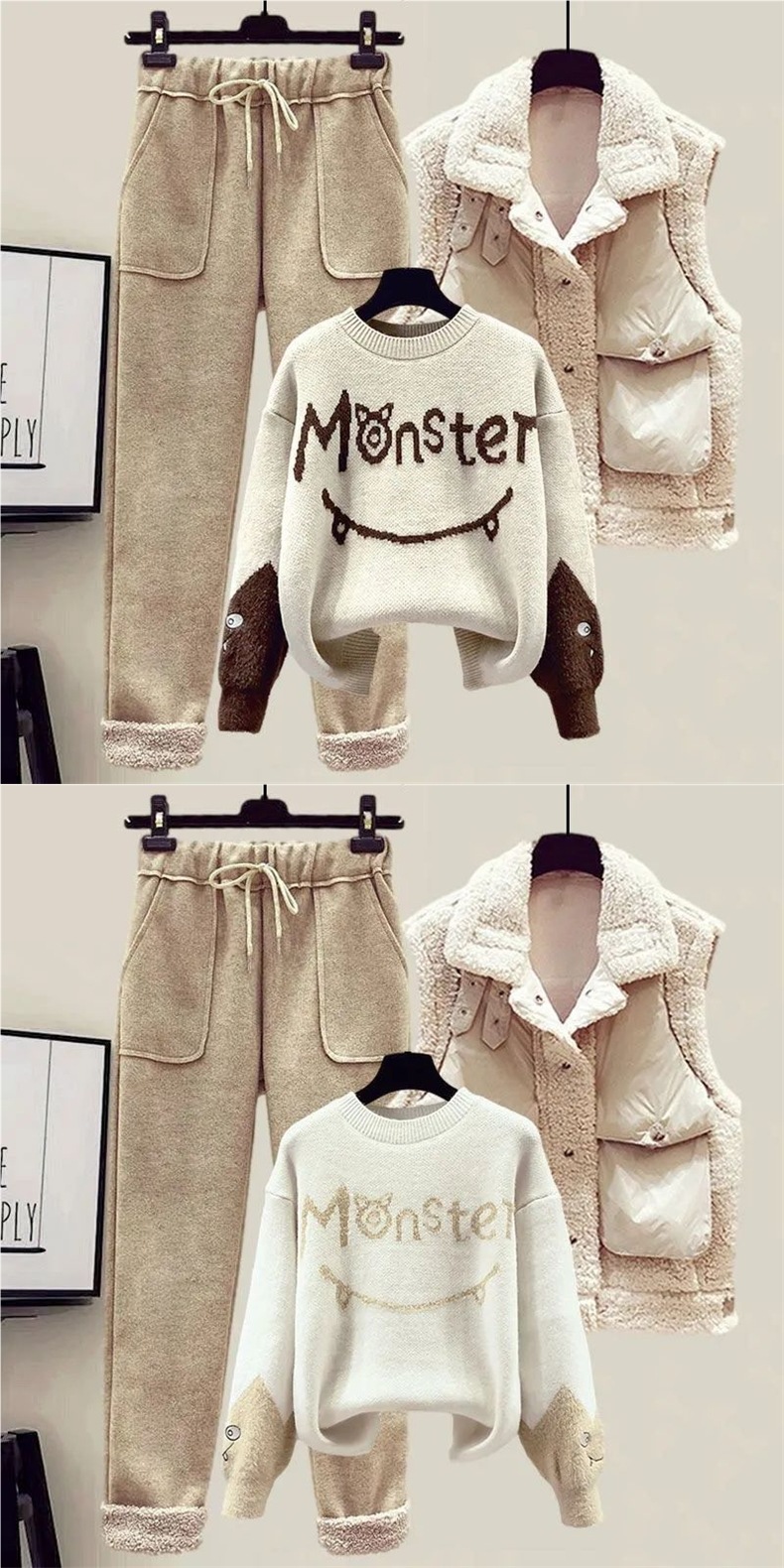 ChicShe Plus Size Damen Herbst/Winter Anzug, dreiteiliges Set aus neuer Lammwolle, bestehend aus Weste, figurformendem Strickpullover und Freizeithose_voghion.com