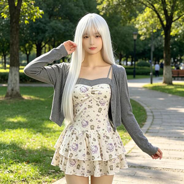 Anime wig female long hair white air air bangs long straight hair…