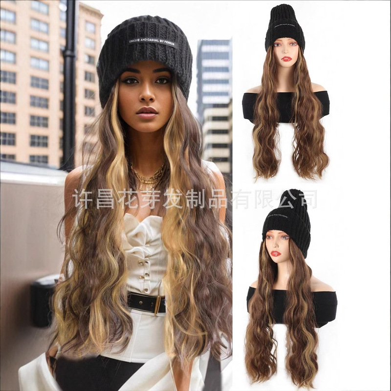 Cross-border long curly hair hat wig letter knitted hat long water corrugated curly hair integrated chemical fiber synthetic highlights wig