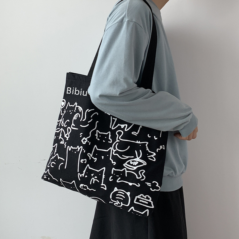 2024 Art Design Cute Animal Hand-painted Illustration Shoulder Bag School Bag Artistic Retro Large Capacity Canvas Bag Women_voghion.com