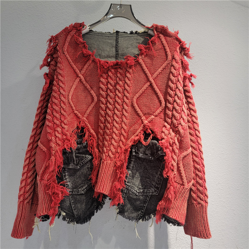 Moda cool estilo estilo extranjero tejido de costura jeans cuello redondo manga larga suéter corto para mujeres otoño / invierno 2025 image 10