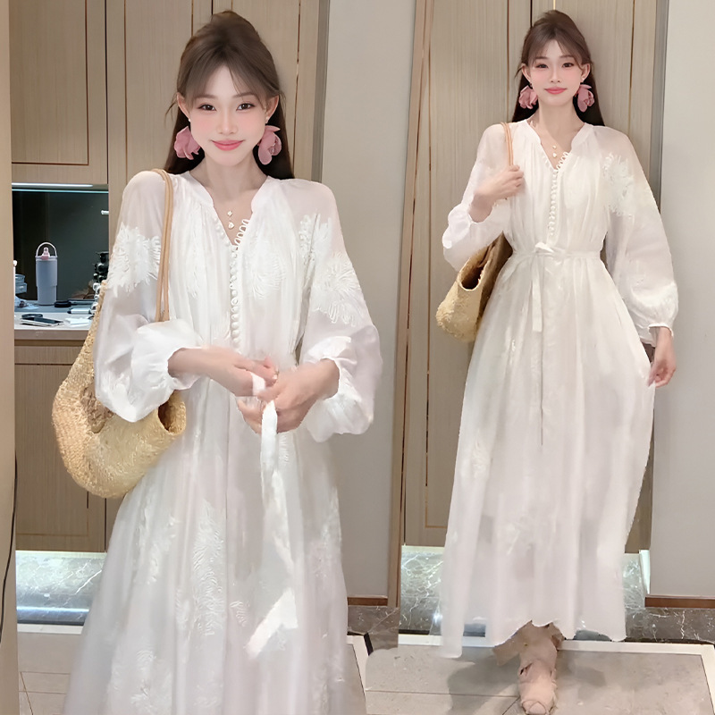 French High-End Embroidered Tencel Long-Sleeved Dress 2025 Spring & Fall Loose Lazy Style Beautiful Gauze Skirt Long Skirt