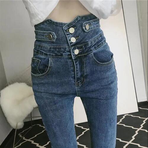 High-waisted jeans for women's spring new style, large size, fat, figure-flattering, elastic, tight-fitting pencil pants with small feet
