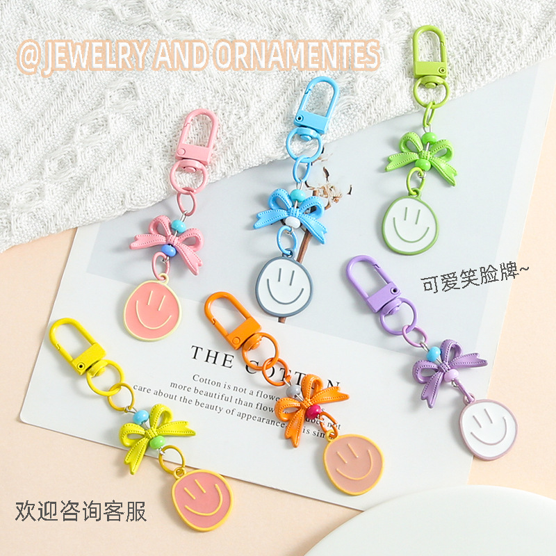 Candy Color Door Buckle Bow Smiley Girl Cute Mobile Phone Chain Keychain Handmade DIY Jewelry Accessories Wholesale