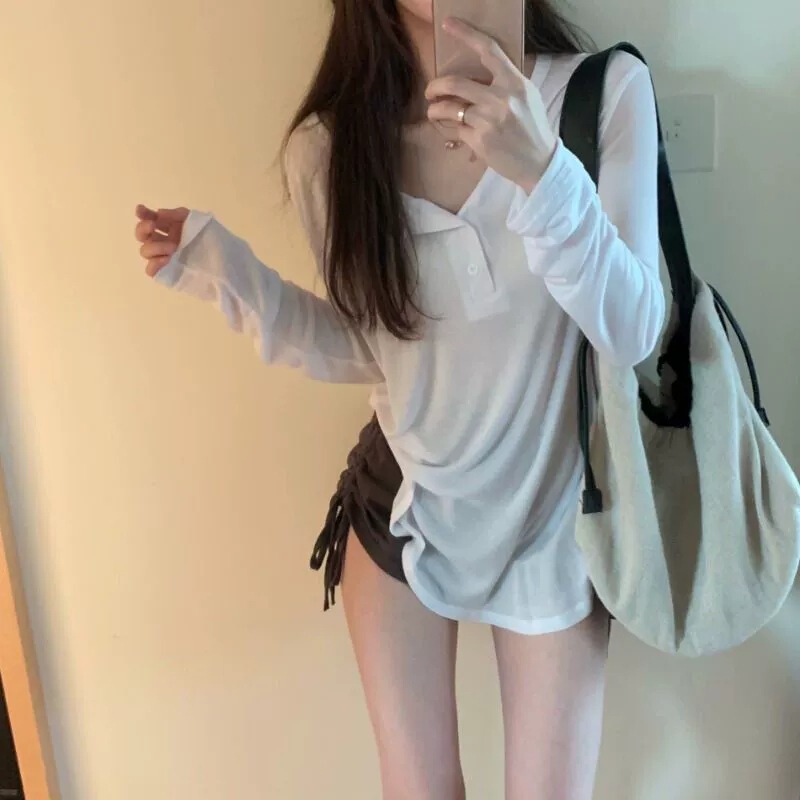 Long-sleeved T-shirt, lightweight sun protection shirt, cool top for summer, suitable for young girls and trendy girls, pure and desirable style, loose and wind-resistant design, trendy on Instagram
