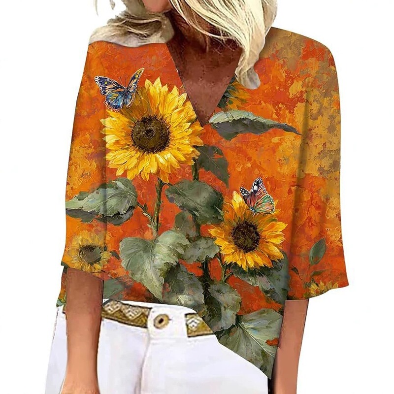 Cross-border Amazon TEMU Spring and Autumn Hot-Selling Women's Clothing 3D Oil Painting Print V-Neck Pullover T-Shirt Casual 3/4 Sleeve Top Cross-border Amazon TEMU Spring and Autumn Hot-Selling Women's Clothing 3D Oil Painting Print V-Neck Pullover T-Shirt Casual 3/4 Sleeve Top