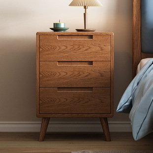 Full Solid Wood Three-pumping Bedside Table New Chinese-style Oak Log Storage Cabinet Nordic Bedroom Complete Storage Cabinet Bucket Cabinet