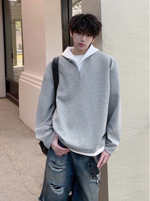 假两件藏青色v领卫衣男款秋季潮牌拼接连帽外套oversize美式上衣|undefined