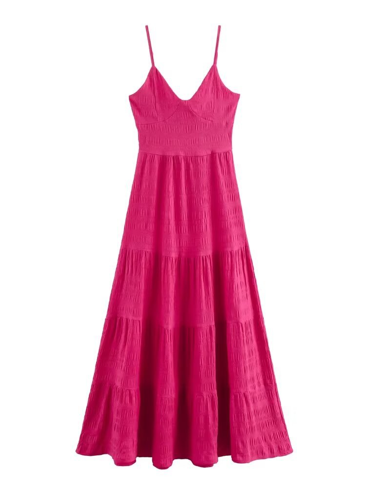 2024春wish亚马逊eBay玫红色中长款吊带连衣裙