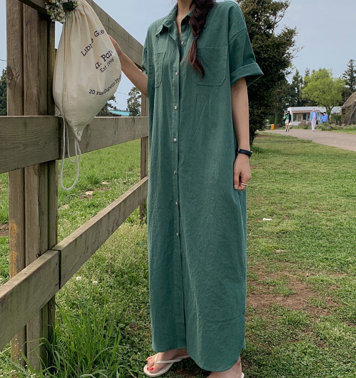 Korean Summer Short Sleeve Long Pattern Dress Loose Lazy Over The Knee Shirt Dress Women