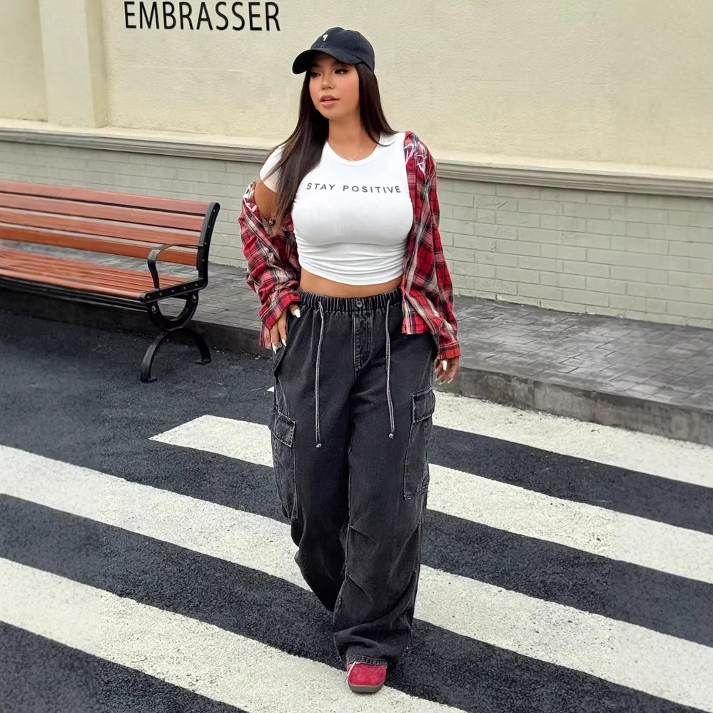 Cross-Border Exclusive Supply of European and American Plus-Size Work Pants, Oversized Vintage Drawstring High-Waisted Loose Wide-Leg Jeans with Multiple Pockets