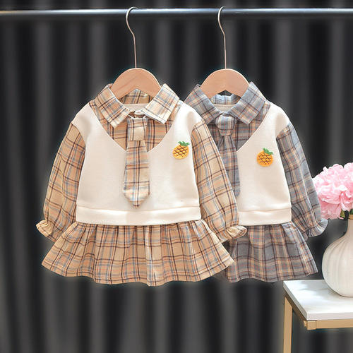 A girl's spring and autumn long-sleeved grid dress, dropshipping, for little babies, children's college-style dress, princess two-piece style