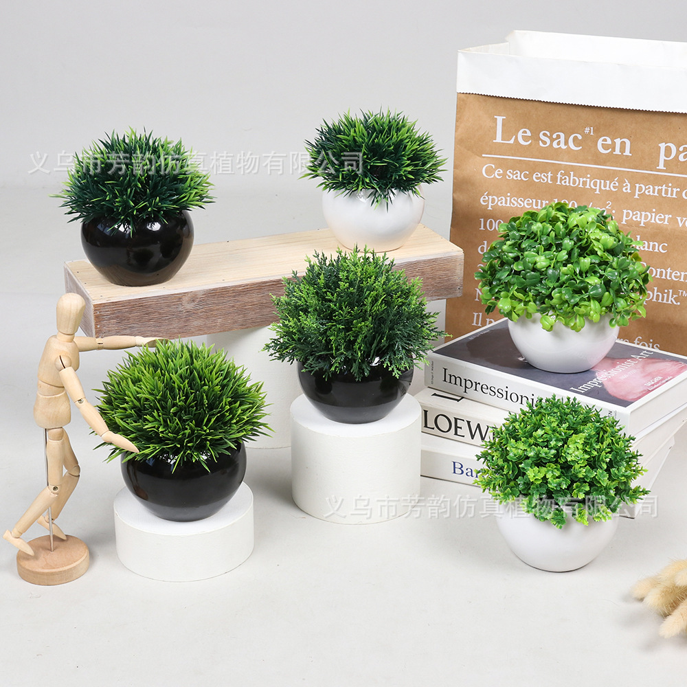 Bonsái de simulación al contado Amazon escritorio flores falsas decoradas semicircular macetas de cerámica de hierba de Milán macetas de plantas de simulación