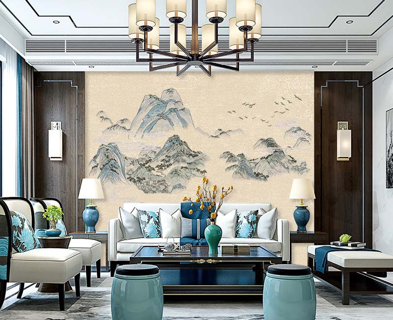无缝独绣刺绣壁布千里江山客厅电视沙发中式背景墙布古典金色