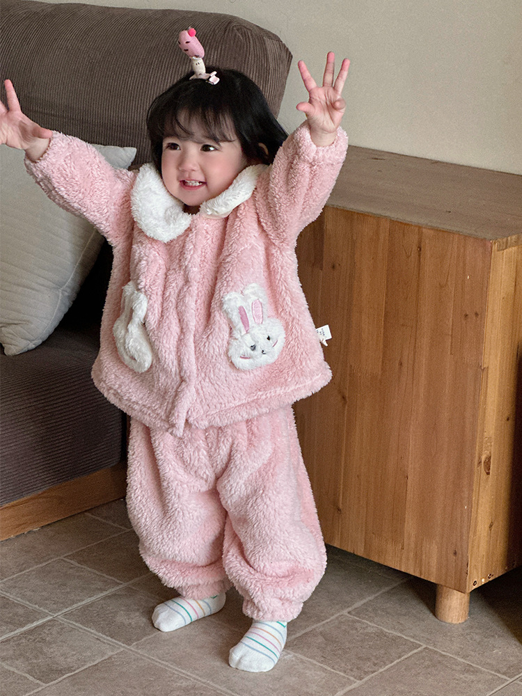 Ropa de invierno, ropa de casa para bebés y niños pequeños, estilo occidental, lindo conejito, cuello de muñeca, mampara de piel cálida, traje de bebé femenino