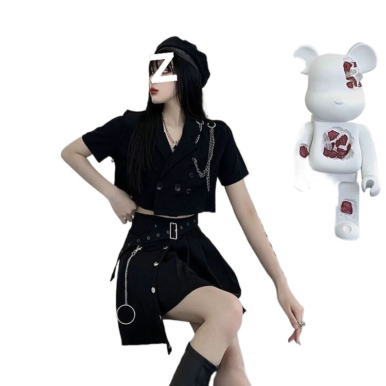 套装女新款jk制服ins暗黑炸街工装短小西装上衣外套+百褶裙两件套|undefined