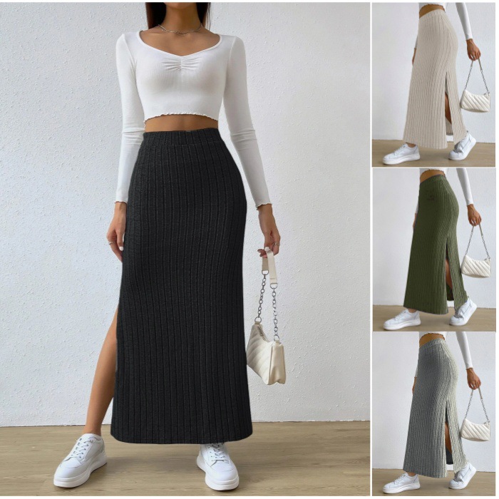 2024 cross-border European and American Amazon temu spring and summer new solid color slit slim knitted skirt women's pantskirt