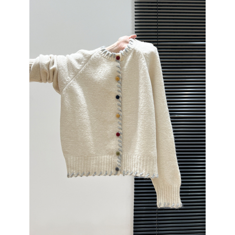 Kaning Color Buckle Thickened Knitted Cardigan Women's 2025 Autumn and Winter Lazy Style Loose Design Long Sleeve Sweater Top