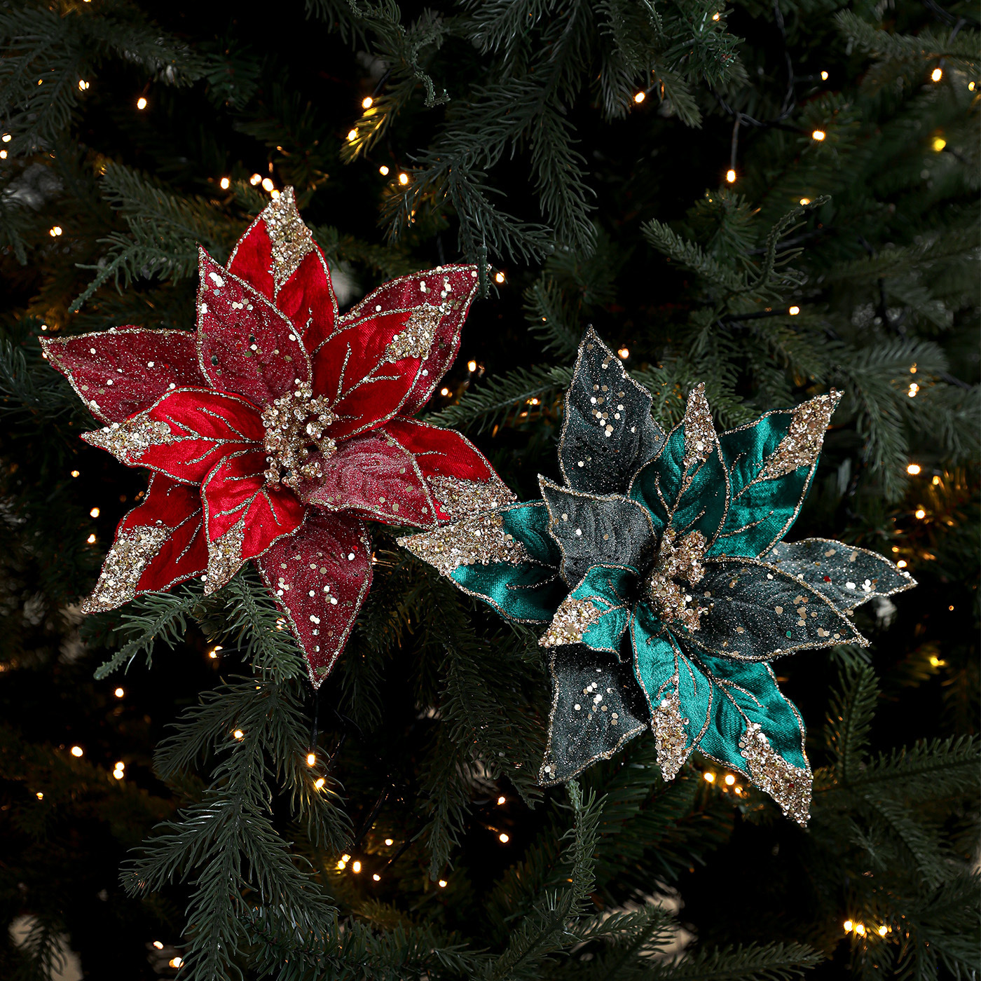 Nuevo producto 27CM tela de lana de alta calidad flores de Navidad flores de polvo de oro flores de polvo de flores de Navidad coronas de caña decoración floral image 4