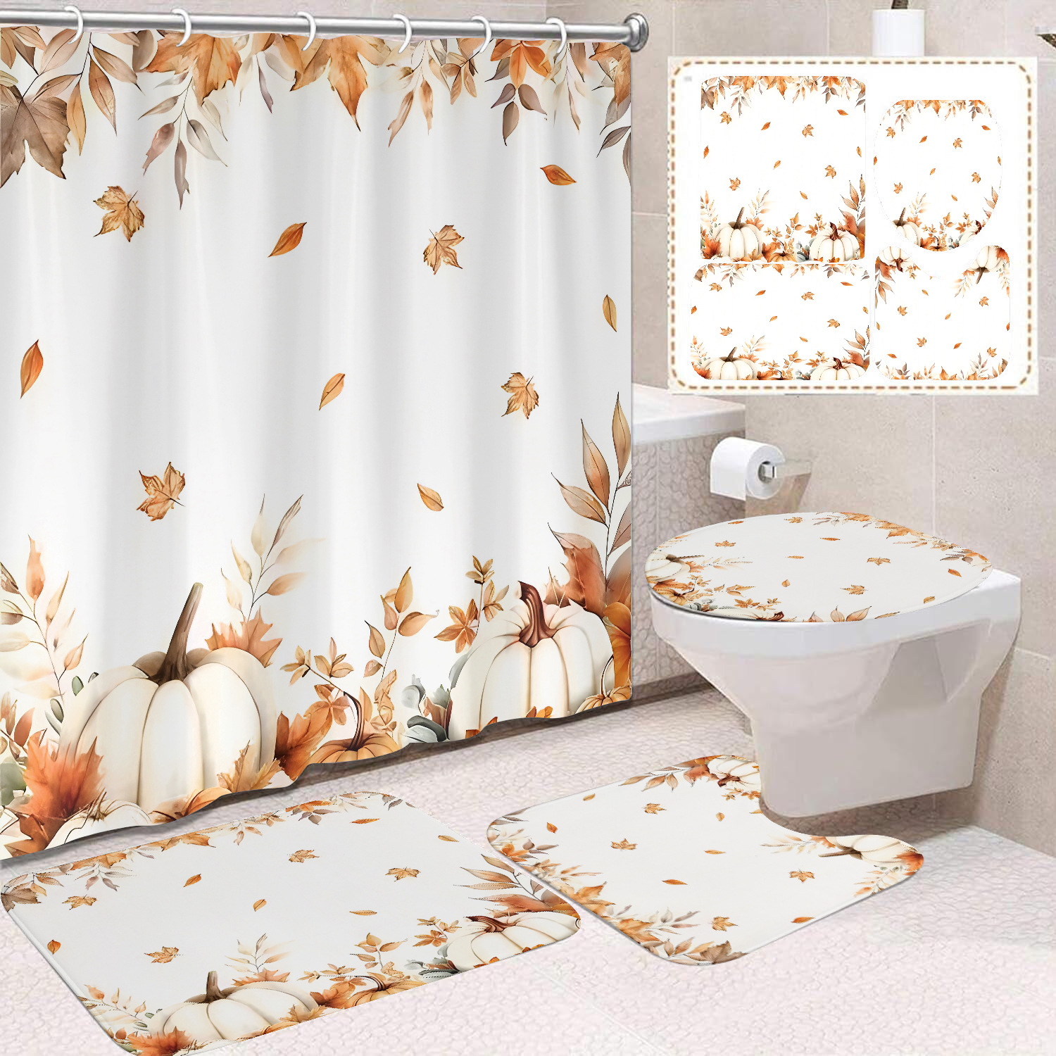 Cortina de ducha de Acción de Gracias, cosecha de otoño, serie de calabaza, cortina de ducha, cortina de baño, cortina de baño impermeable de poliéster, cortina de baño de cuatro piezas image 21