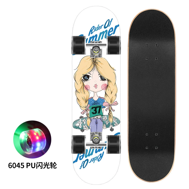 Polyurethane flash skateboard, 80×20 cm, double-kick deck, 6045 PU wheels, 300 lb load