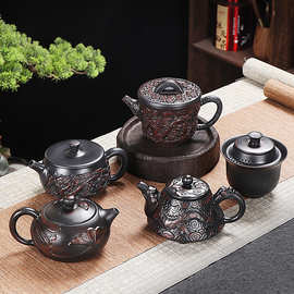德化紫陶全手工跳刀纹凤鸣井栏壶家用茶具套装单人茶壶复古紫陶壶