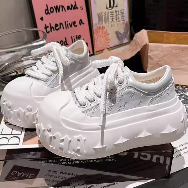 珠光擦色金色字母厚底松糕休闲面包鞋溶解鞋小个子6cm小白鞋女鞋