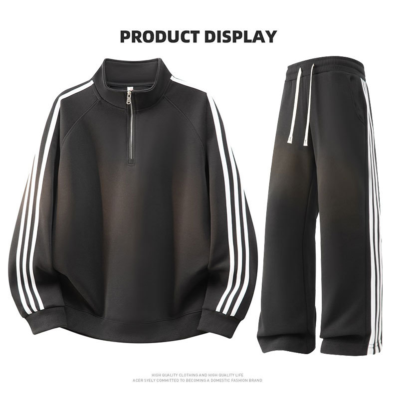 Primavera y otoño de hombre tres barras juego deportivo de cuello vertical medio cremallera camiseta pantalones de dos piezas juego de ropa deportiva de carrera casual