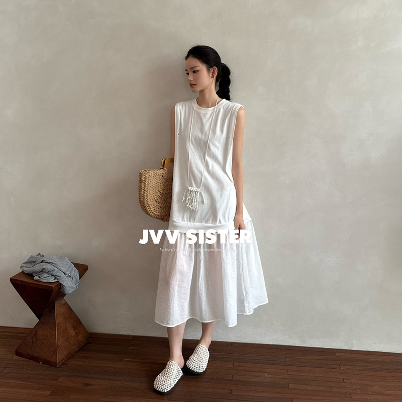 Jvv Thirteen Lines 2026 Summer New Round Neck Patchwork Ruffle Long Dress Casual Sleeveless Dress for Women 01092