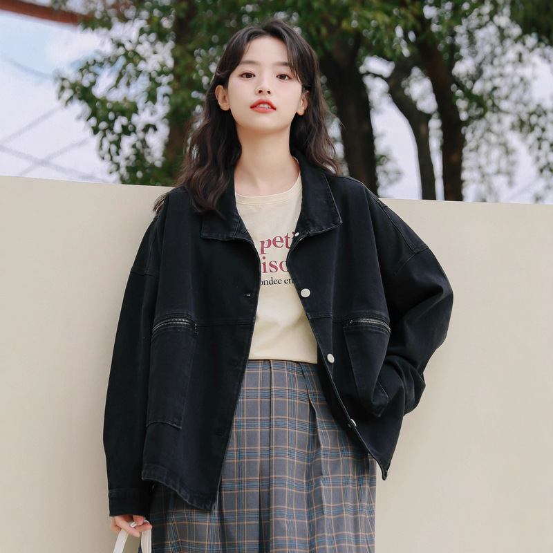 复古港风情侣款工装黑色牛仔外套女2025秋冬新款个性拉链翻领夹克|undefined