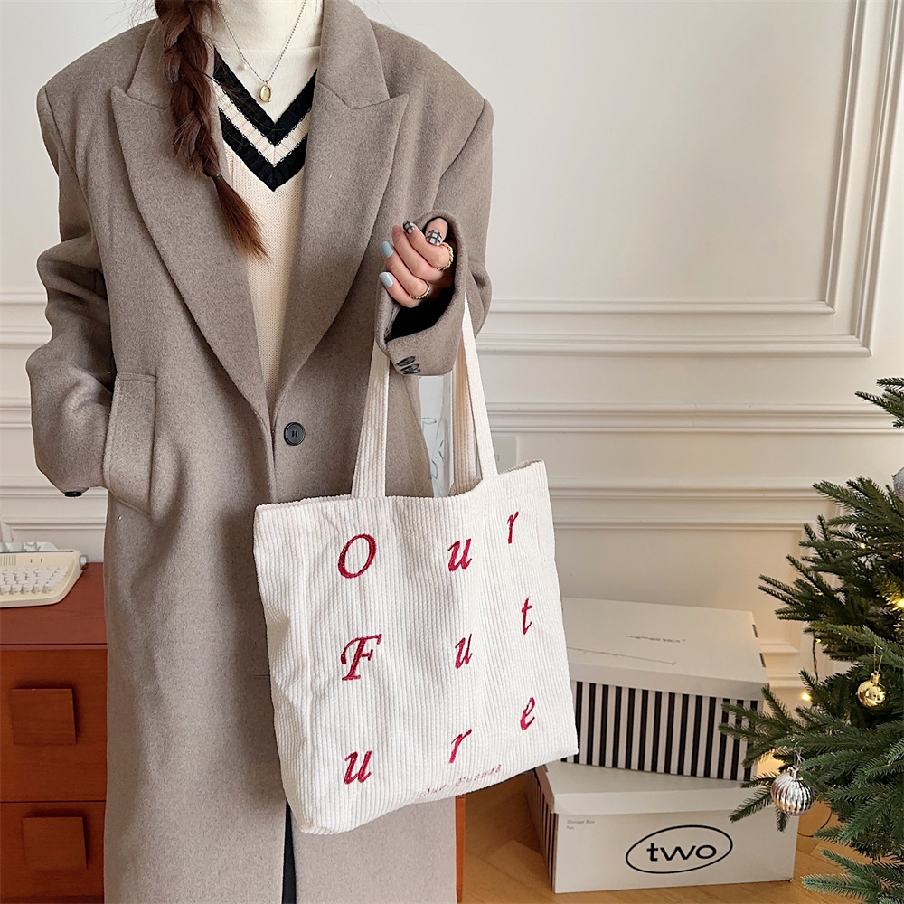 310262 embroidered letter future corduroy single-shoulder Maillard color hand-held canvas bag Women's tote bag undefined