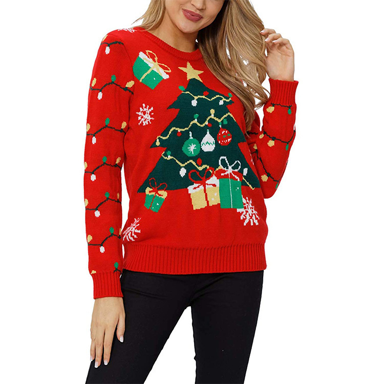 Customized processing Christmas sweater cross-border foreign trade women's loose warm thickened Christmas tree knitted Christmas sweater for women