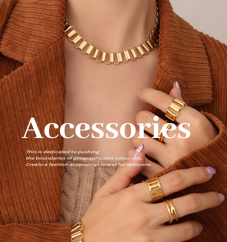 fashion hollow geometric ring necklace bracelet set titanium steel 18K gold plated jewelry