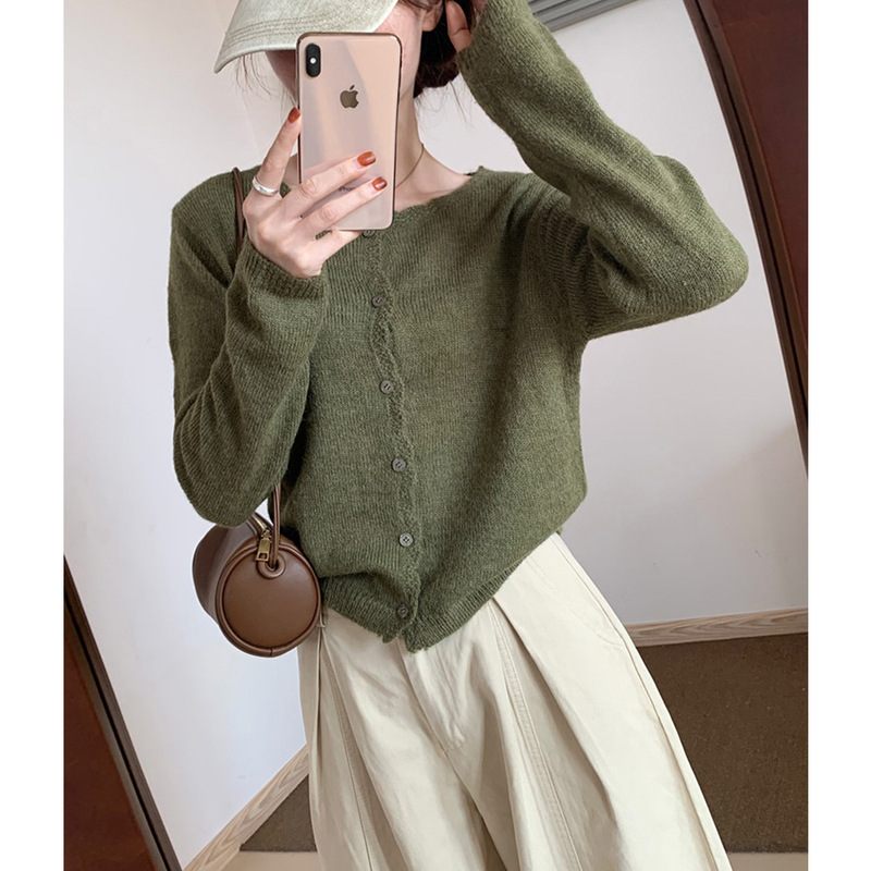 松弛感早秋新款木耳边糖果色针织衫女韩系纯色温柔马海毛毛衣开衫|undefined