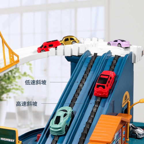 Children's dinosaur winding mountain road city combination rail car adventure parking building educational toy for boys