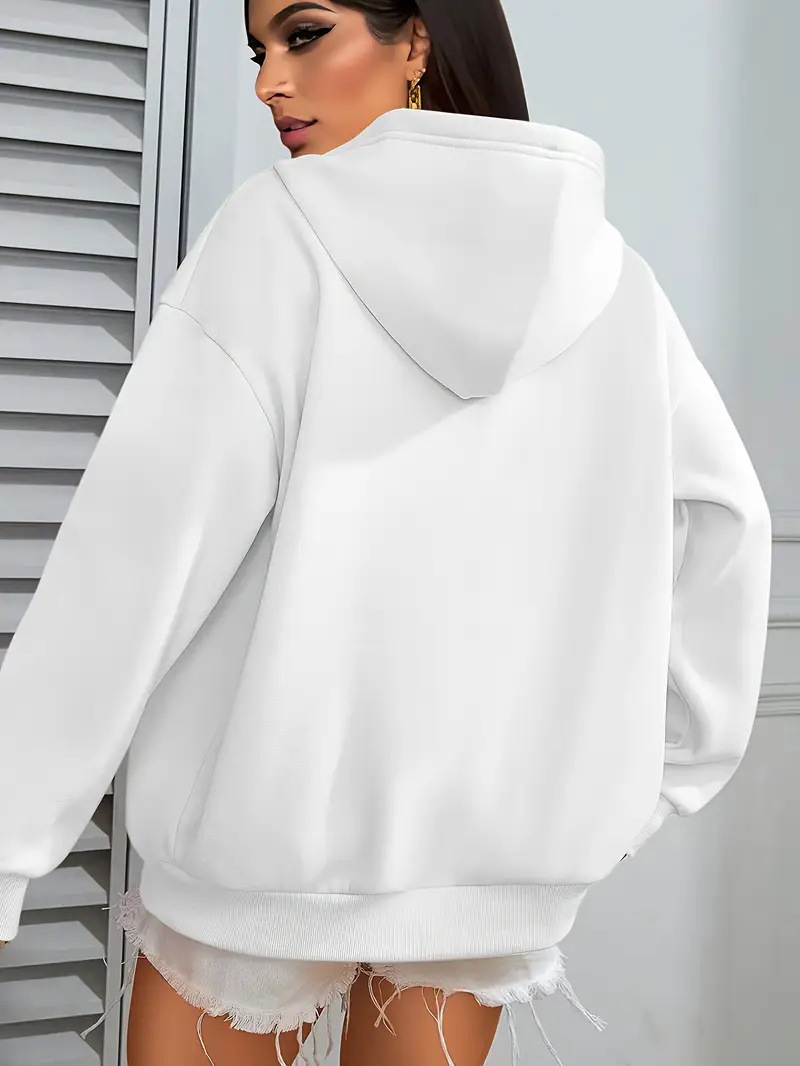 Women's Smiley Face Print Hooded Jacket Long Sleeve Fleece Lined Zip Up Street Style Loose Top_ecoleips.com