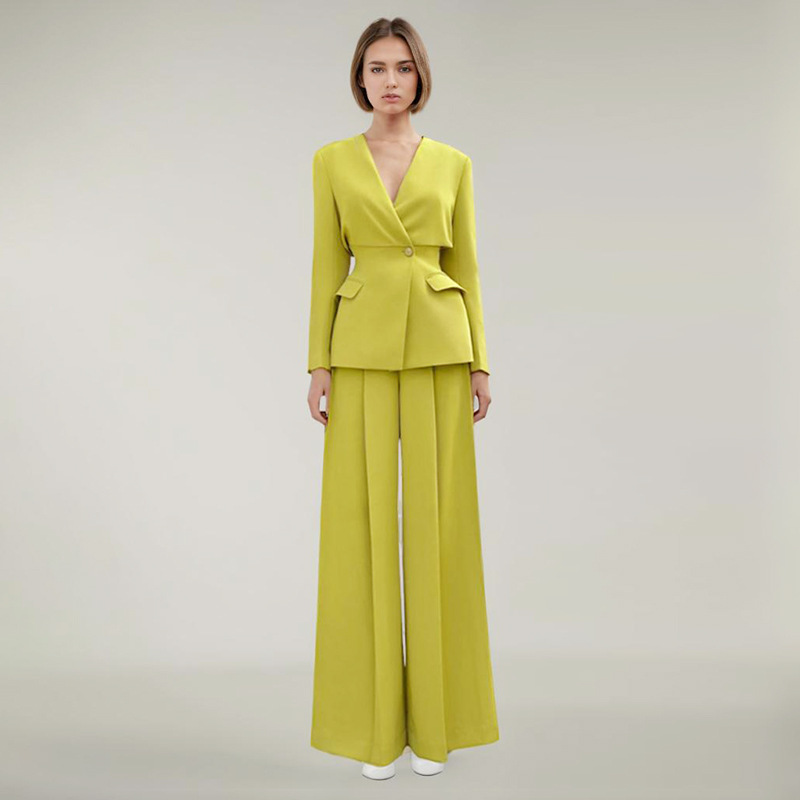 European and American Commuter Style 2026 Summer New V-Neck Waist-Cinching Blazer High-Waisted Pleated Wide-Leg Pants Set for Women