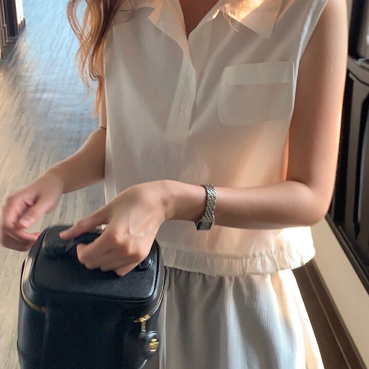 Korean Chic Stylish Lace Short Sleeveless Shirt with Simple Pocket Design, White, One Size Korean Chic Stylish Lace Short Sleeveless Shirt with Simple Pocket Design, White, One Size