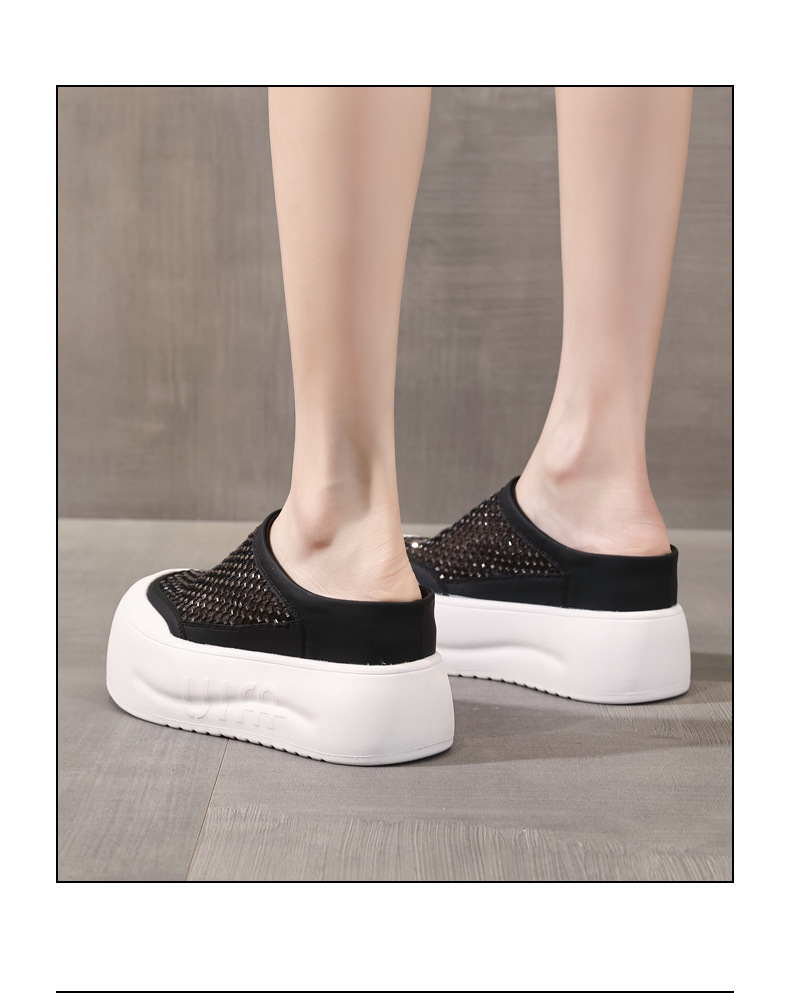 Dép sandal nữ đế dày tăng chiều cao, mũi kín đính đá rhinestone, phong cách bánh xốp mùa hè — màu đen, màu trắng chi tiết 16