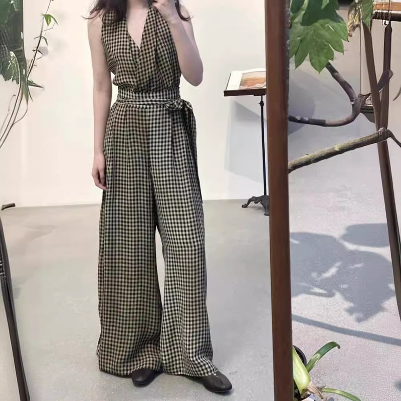 Literature and Art Retro Style ~ Spanish Pants Women's Summer Thin Joker High Waist Straight Plaid Casual Wide Leg Pants