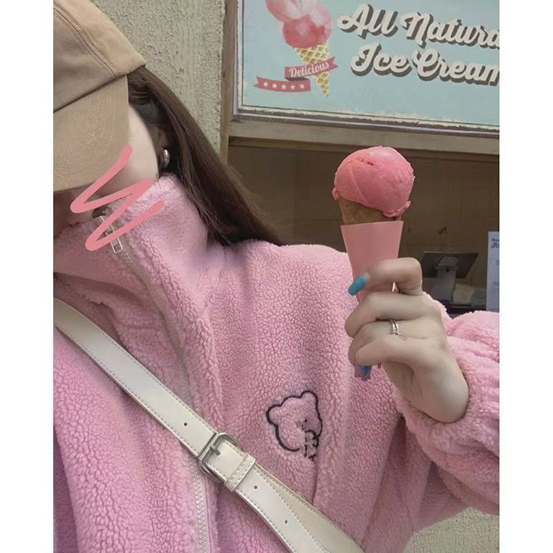 가을과 겨울 새로운 느슨한 칼라 양가죽 코트 여성 서양식 올 매치 스웨트 셔츠 귀여운 스위트 베어 봉제 탑