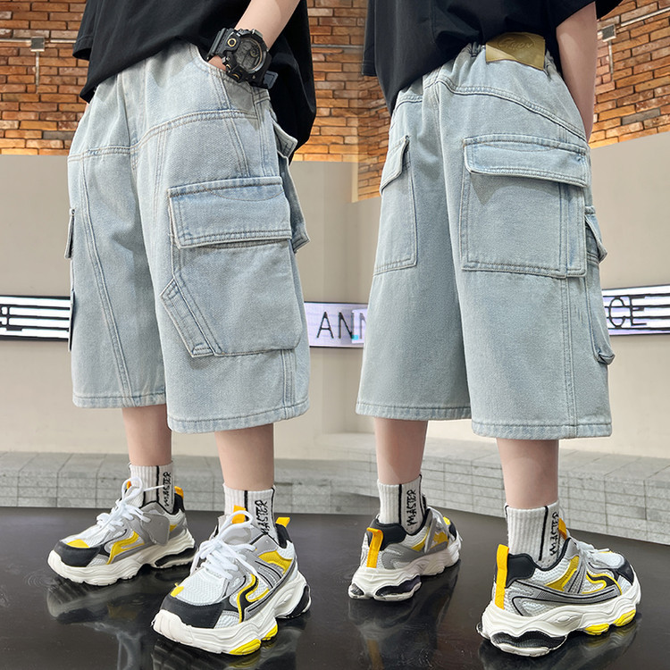 Men's Clothing Distressed Wash Denim Capri Pants For Kids - Stretch Waist Comfort Fit - Unisex Flannel-Lined Casual Trousers (120-170cm, Indigo Blue)_voghion.com