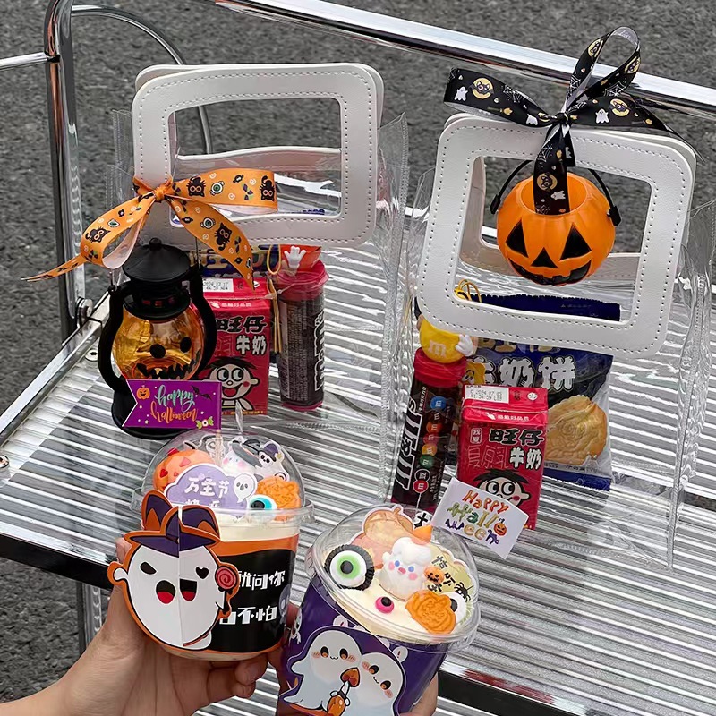 2025 Halloween Bo Bo Cup Cake Decoración festivales feliz bandera carnaval noche transparente bolsas de regalo de aperitivos portátiles