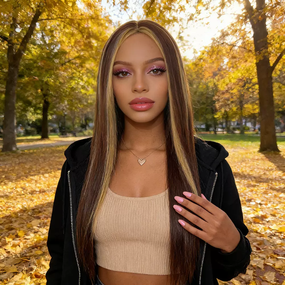 速卖通新品假发女欧美时尚渐变色中分挑染长直发棕金色化纤头套女