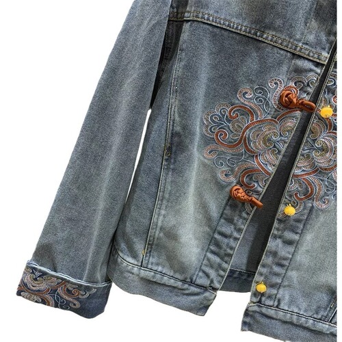 New Chinese style disc button denim jacket women's embroidered top 2024 spring new style national style stand collar retro high-end jacket